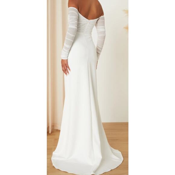 LULU'S S Elegant Eternity White Mesh Ruched Off-the-Shoulder Maxi Dress NEW B114 - Picture 2 of 8